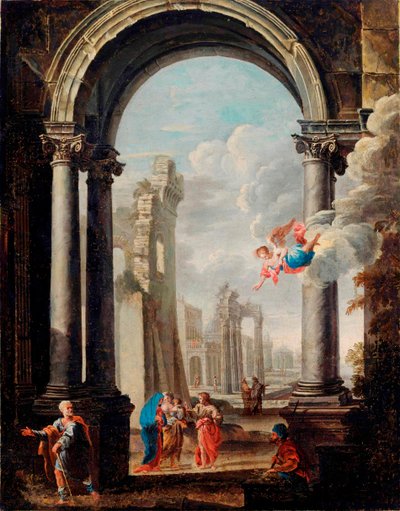 Architectonische capriccio met de Heilige Familie door Viviano Codazzi